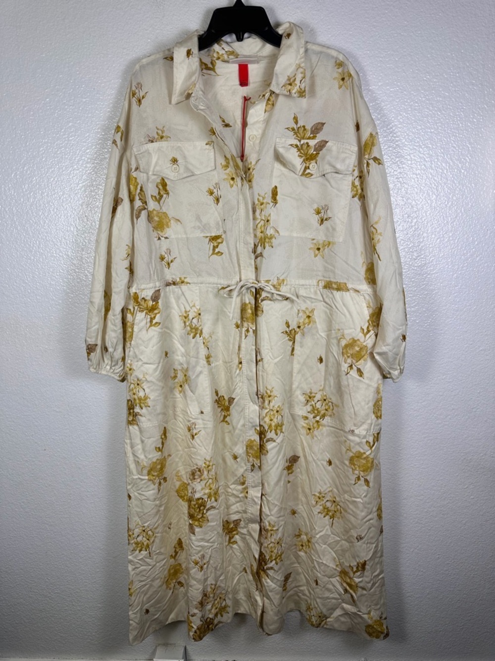 Woolrich Women's Ivory Yellow Floral Collared Midi Shirt Dress Long Sleeve L